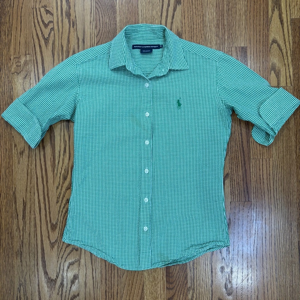 Ralph Lauren Sport Kelly Green Gingham Kids 3/4 Sleeve Button Down Shirt